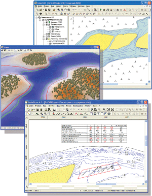 Фрагмент карты водных путей с дноуглубительной прорезью и таблицей расчёта объёмов работ в системе IndorCAD/River
